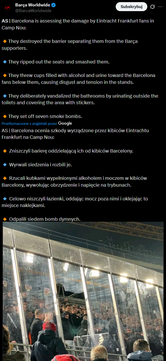 Tak wyglądają ZNISZCZONE TRYBUNY na nowym Camp Nou przez fanów Eintrachtu!